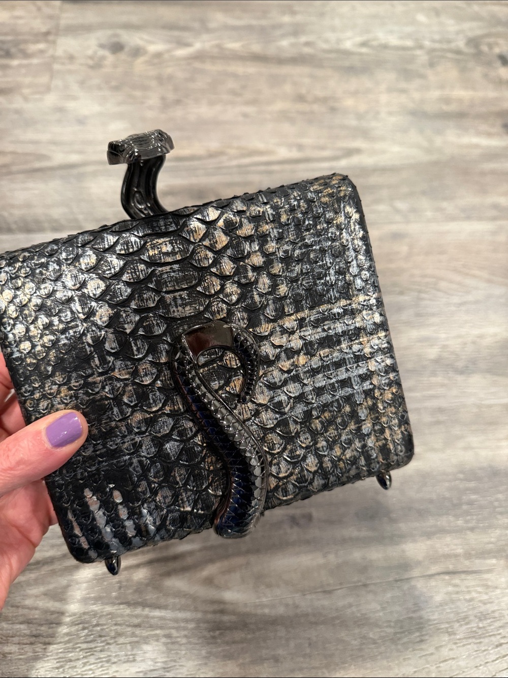 Jilly New York Black Metallic Exotic Skin Leather Clutch Bag w/ Dust Bag - Picture 5 of 9